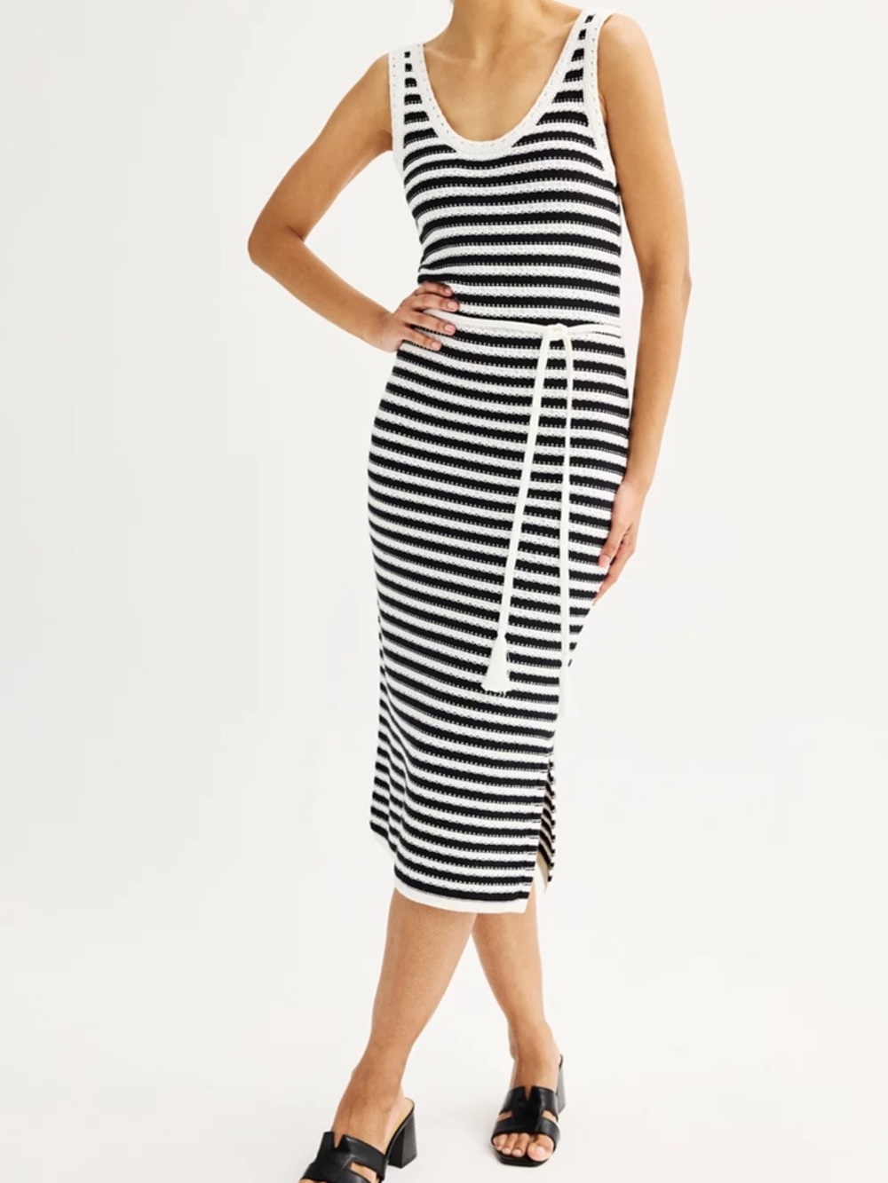 Nine West Crochet Striped Knit Dress - Black & White - Size XL